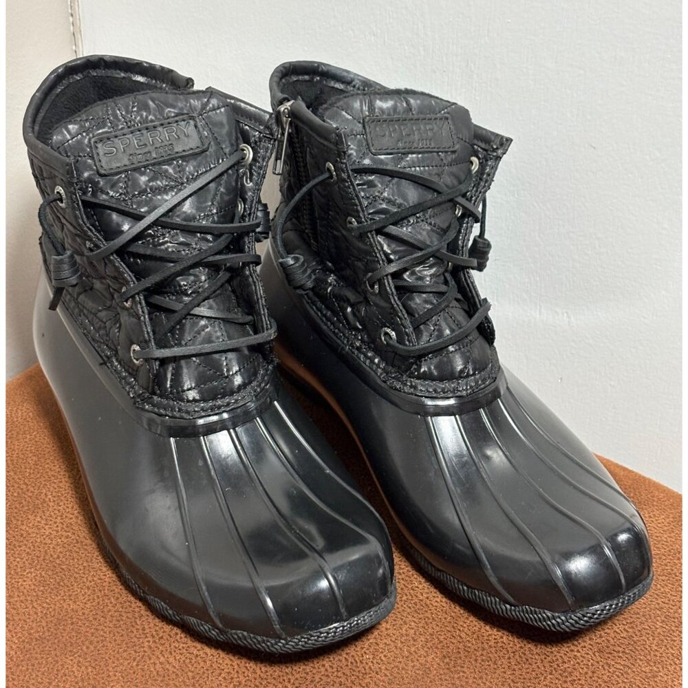 Sperry Women's Saltwater Nylon Quilt Black Plaid Lined Duck Boots Size 8.5